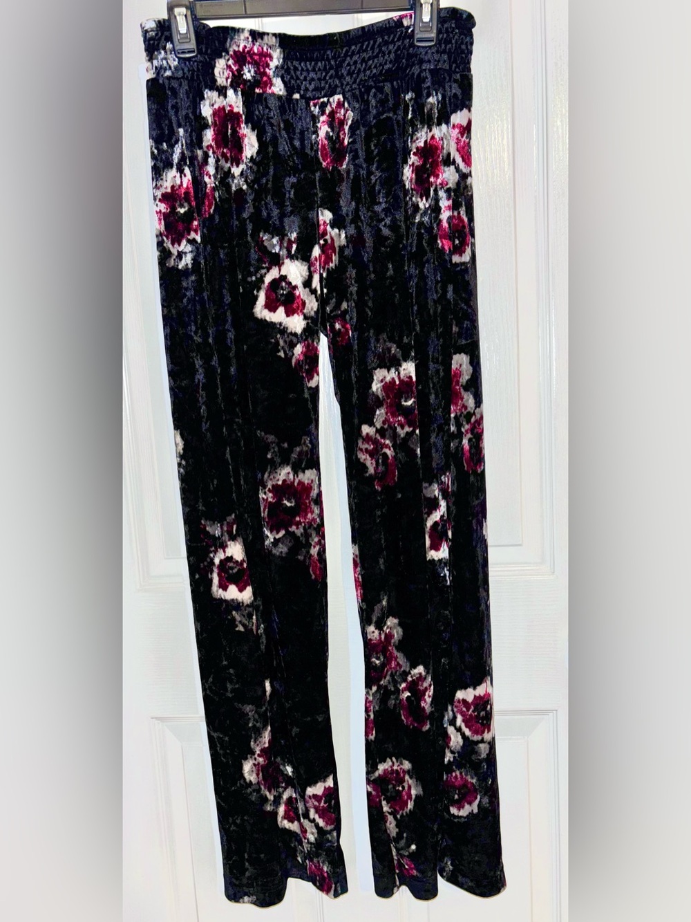 Indigo Rein Black Velvet Wide-Leg Pants with Berry Floral Print
